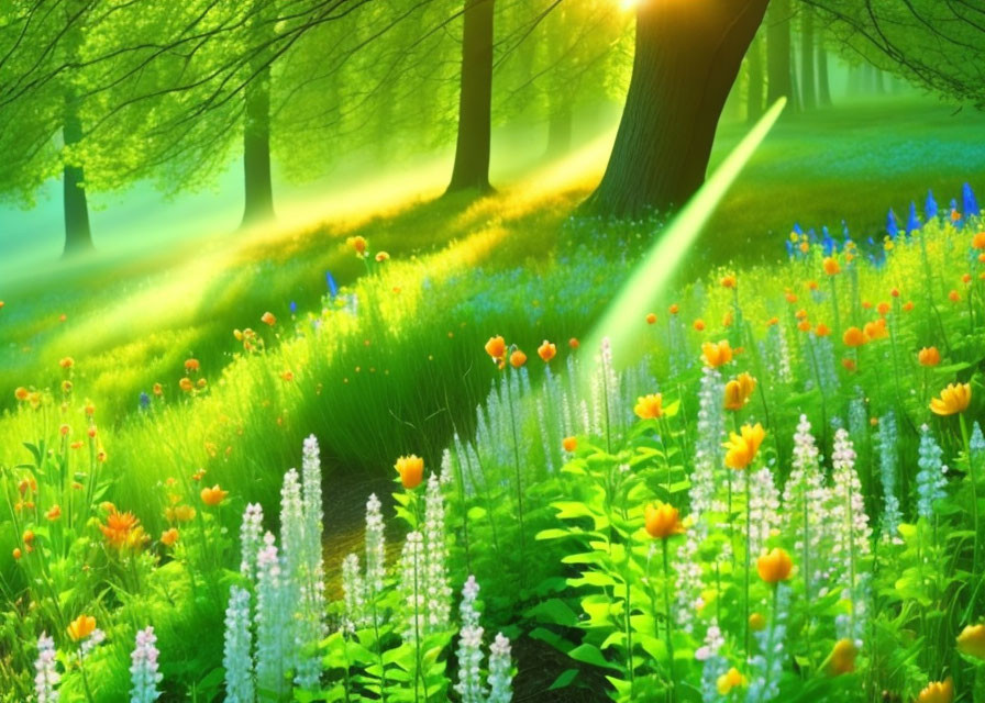 Sunlit forest with flowers in misty meadow