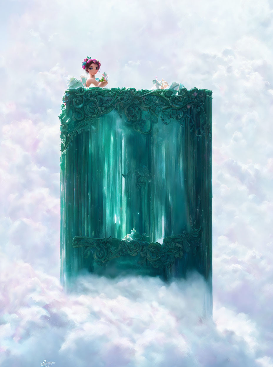 Child peeking over ornate emerald gate with fluffy clouds and birds.