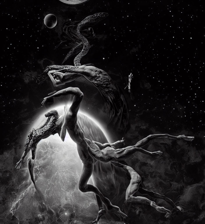 Monochromatic fantasy art: Dragon and horse under cosmic sky