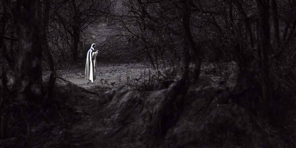 Monochrome image of figure in serene woodland setting