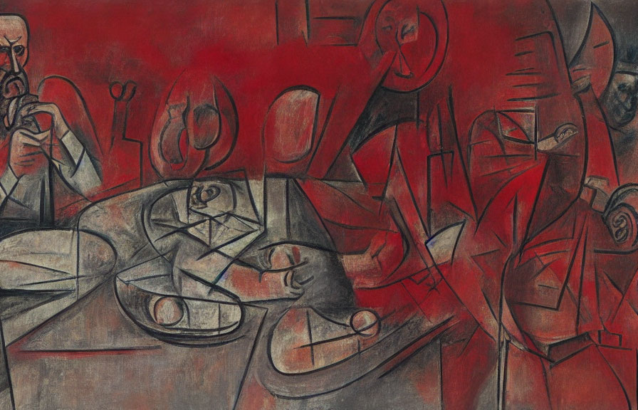 Distorted human figures in abstract painting with muted reds and grays