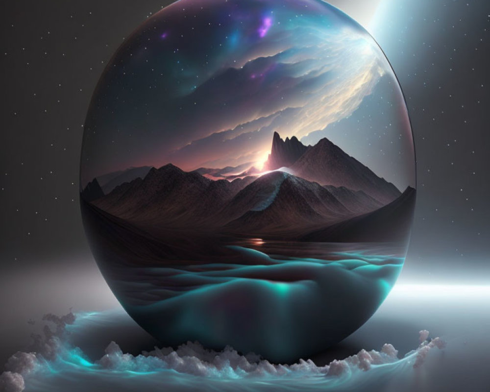 Transparent sphere surreal landscape with mountains, lake, starry sky, sun, and clouds.