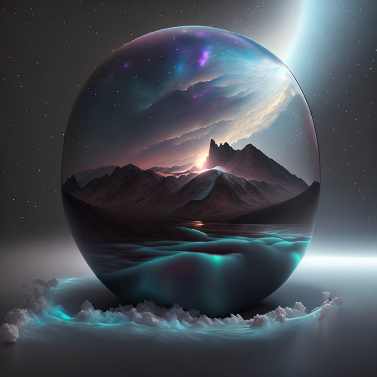 Transparent sphere surreal landscape with mountains, lake, starry sky, sun, and clouds.