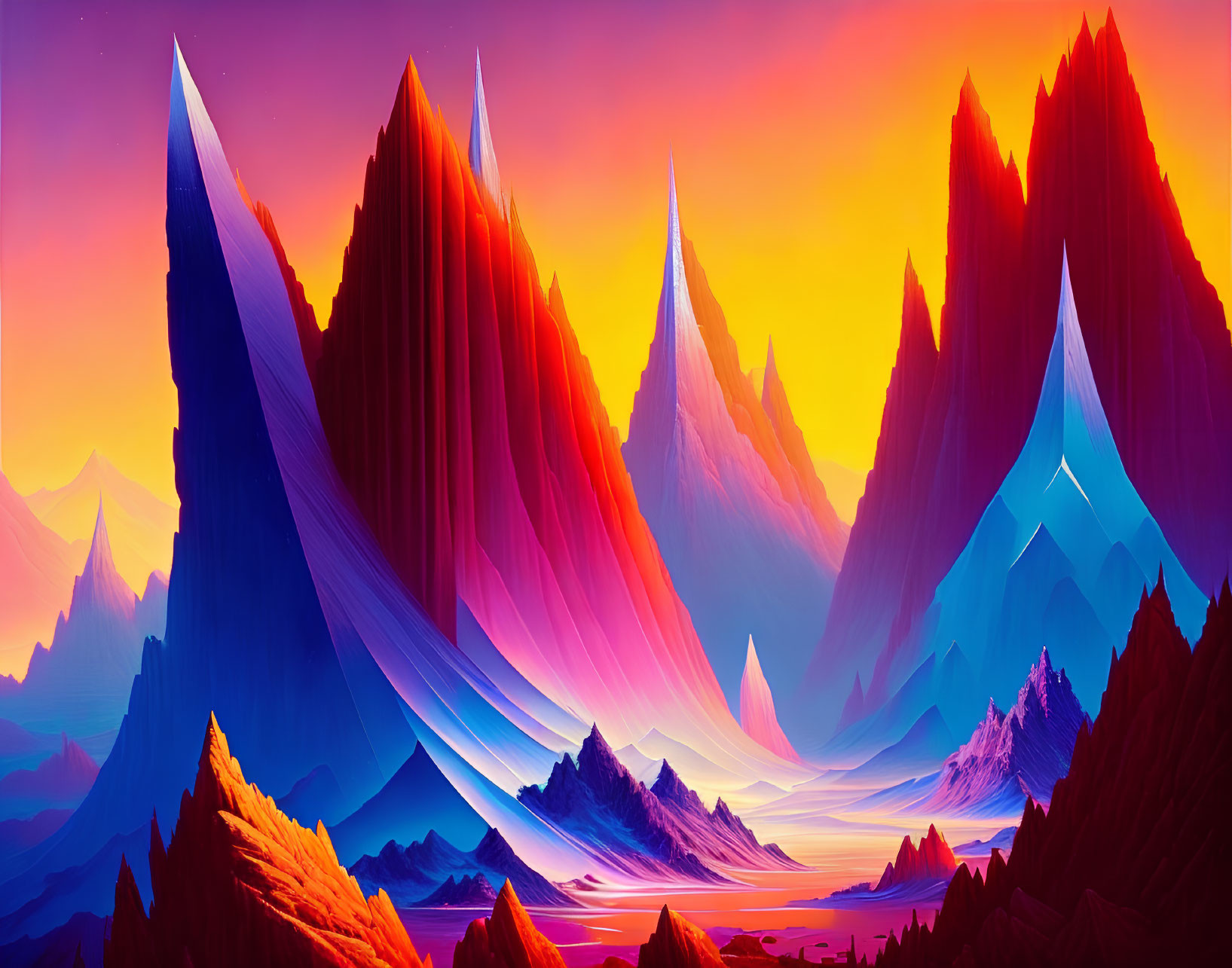 Colorful Digital Artwork: Surreal Landscape with Vibrant Mountain Peaks