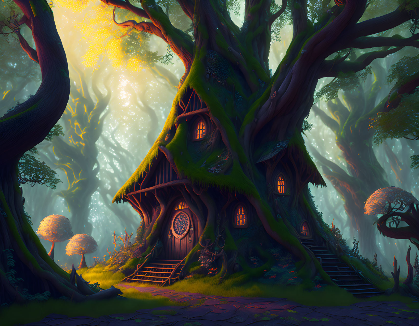 Illustration: Cozy treehouse in enchanted forest with sunbeams.