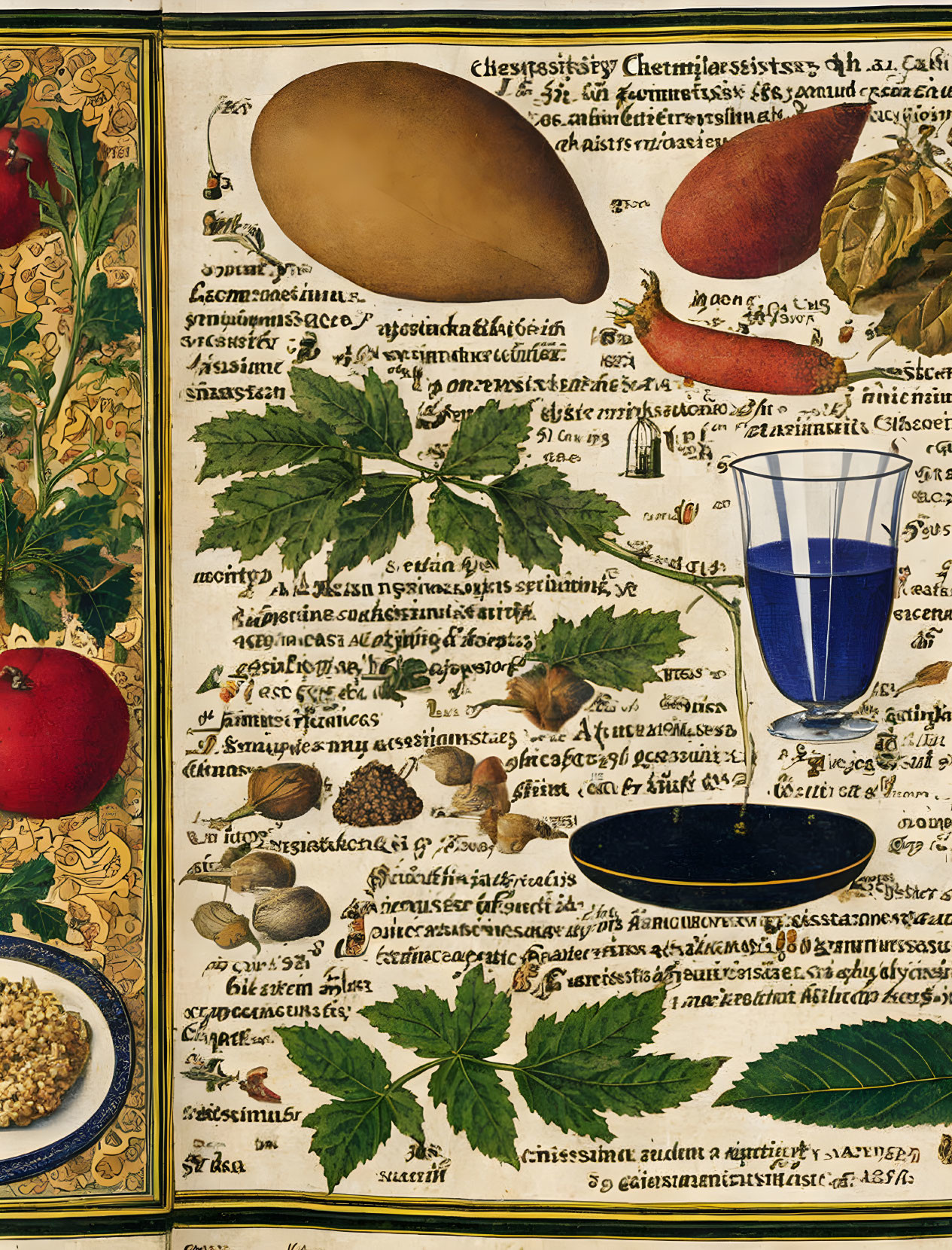 Vintage Illustration Page with Fruits, Glass, and Nuts in Ornate Borders