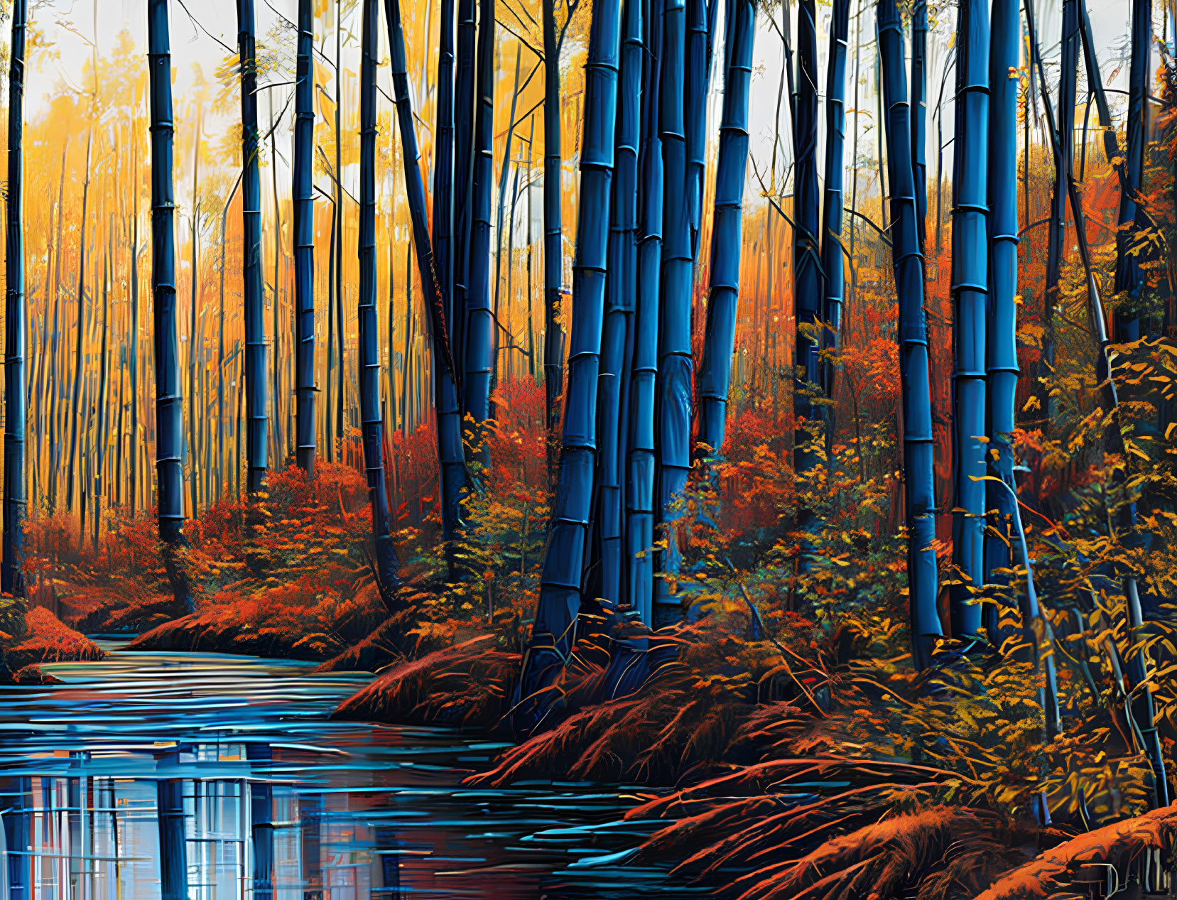 Digital Art: Vibrant Bamboo Forest with Blue Trunks and Autumnal Orange Foliage