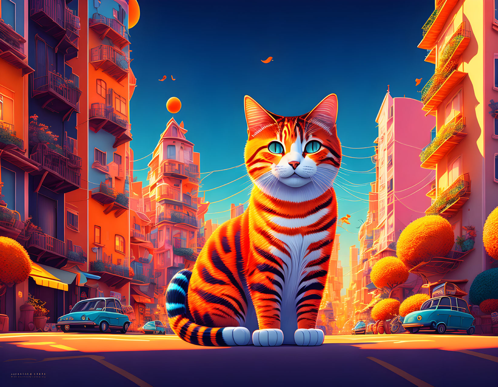 Giant orange tabby cat in vibrant cityscape.