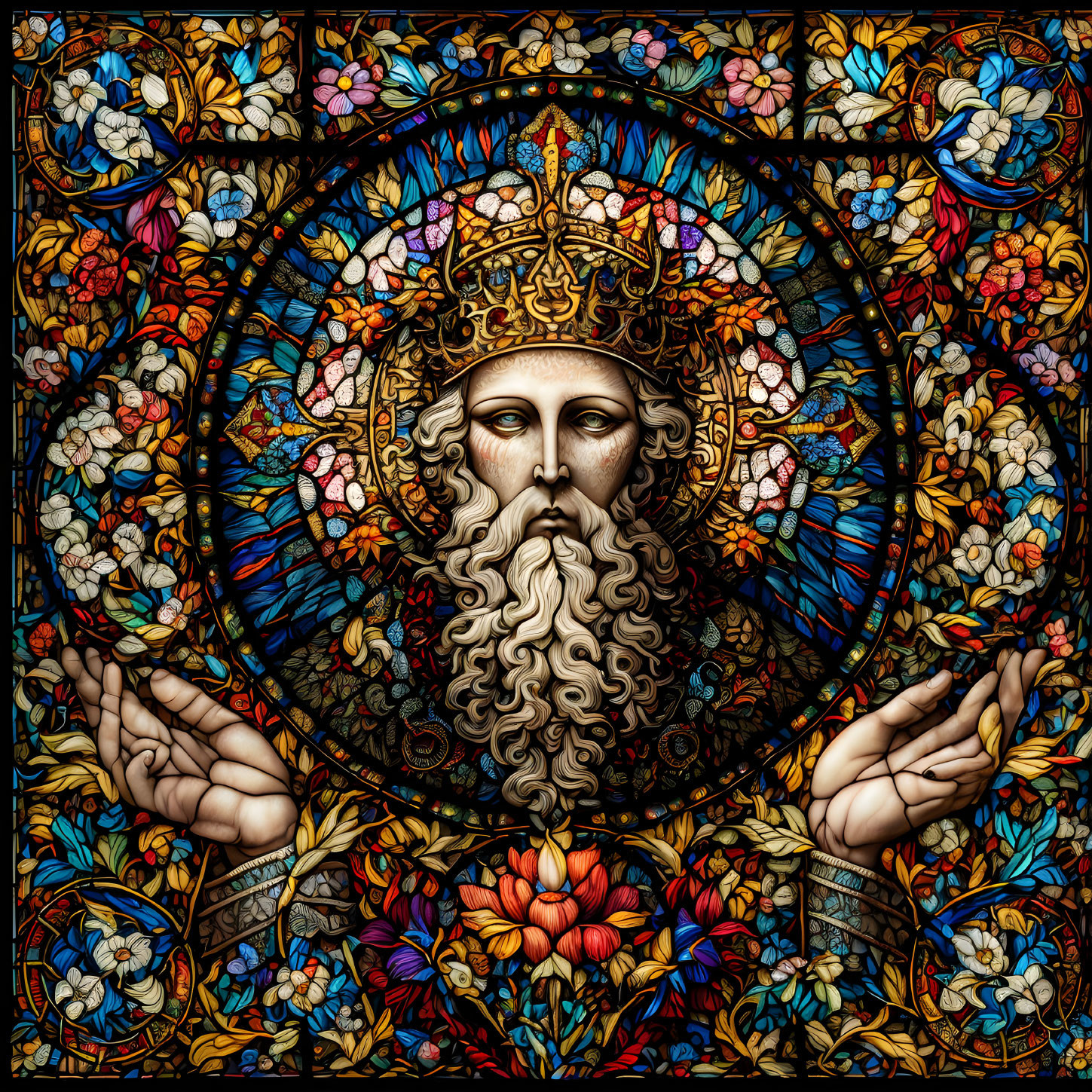 Colorful Stained Glass Window Featuring Bearded Figure and Floral Motifs