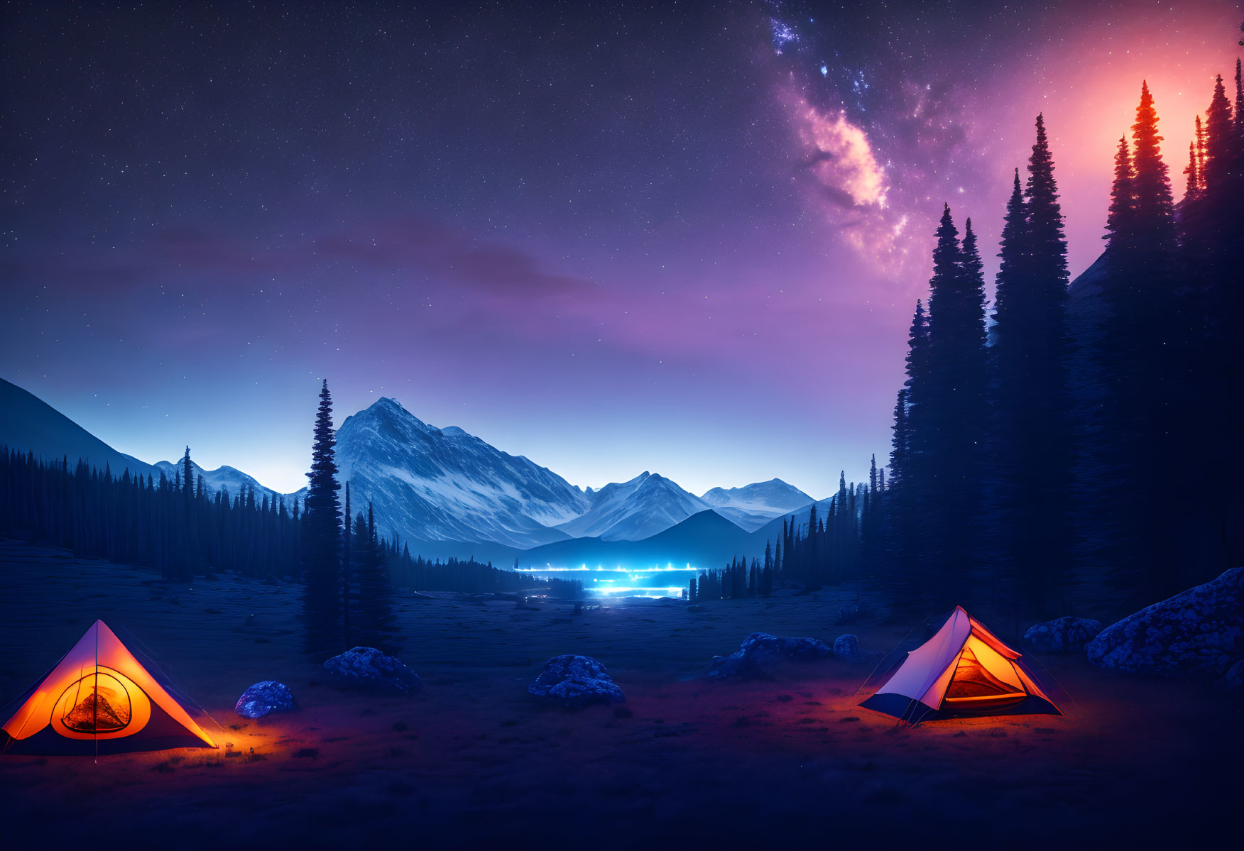 Illuminated Tents by Serene Lake and Mountains at Night