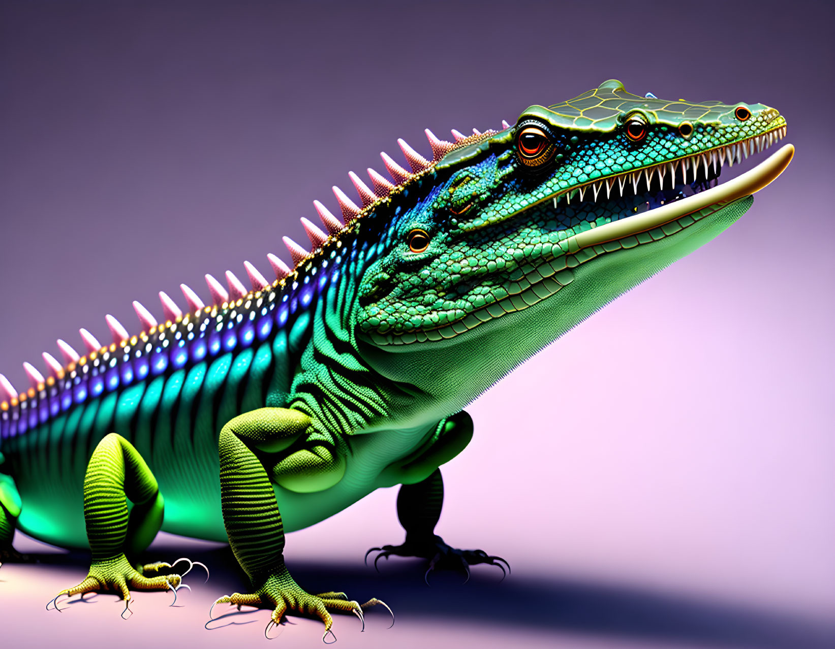 Vivid Digital Art: Iguana with Detailed Scales on Purple Gradient