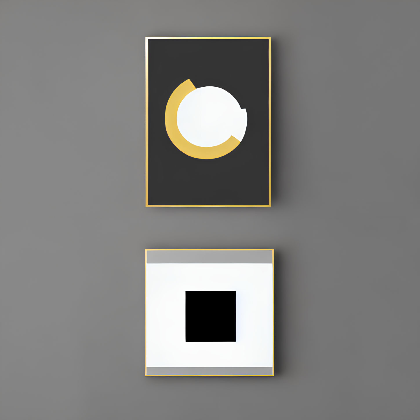 Abstract geometric paintings on gray wall: one with black shapes, the other featuring a white square.