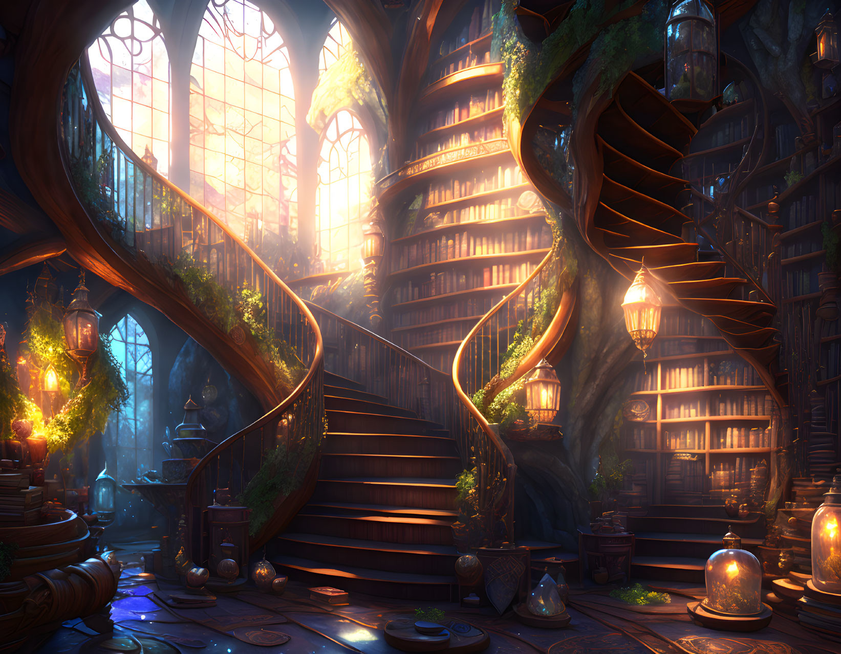 Enchanting library with spiral staircases and glowing lanterns