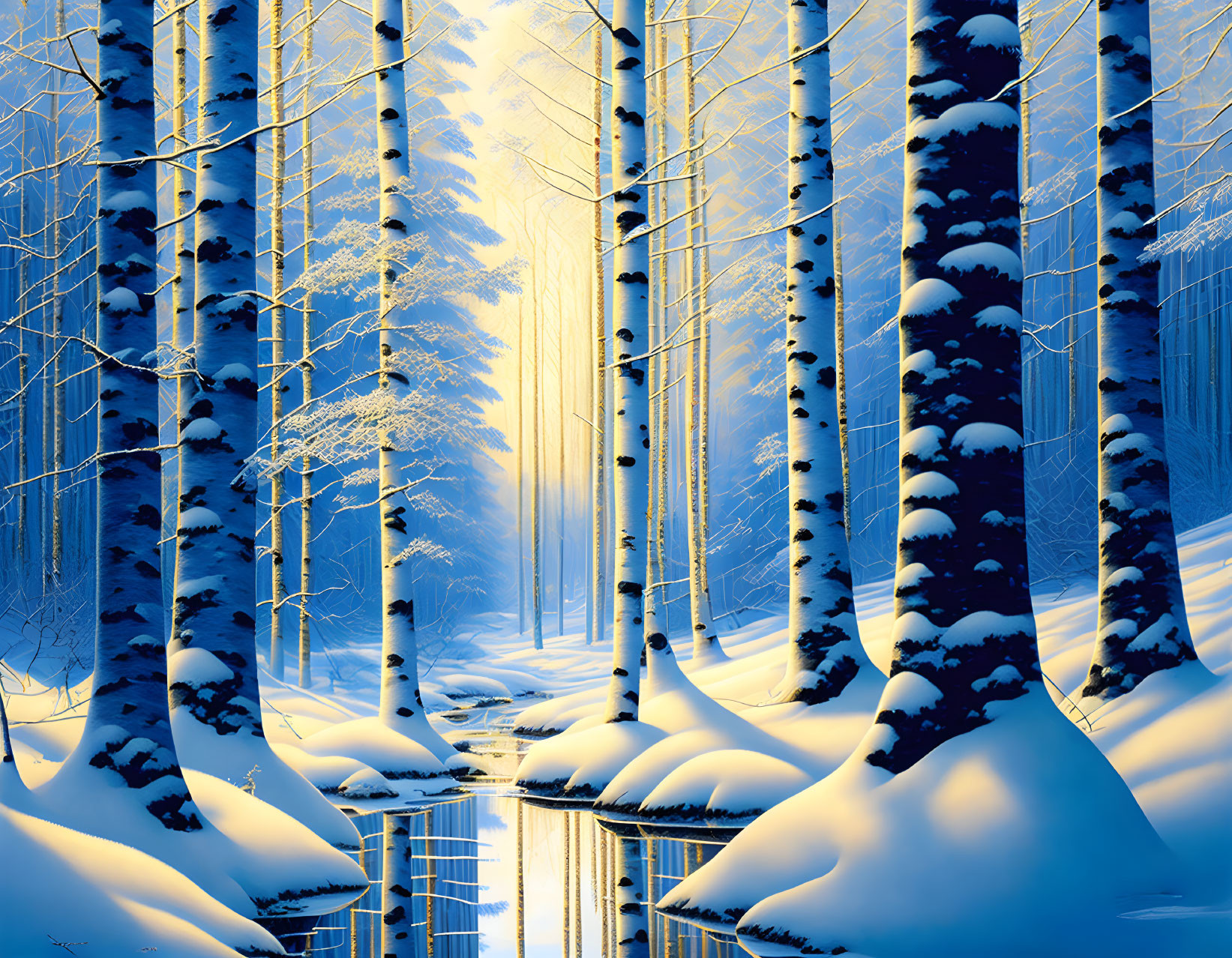 Snowy forest with tall trees, waterway, sunlight glow