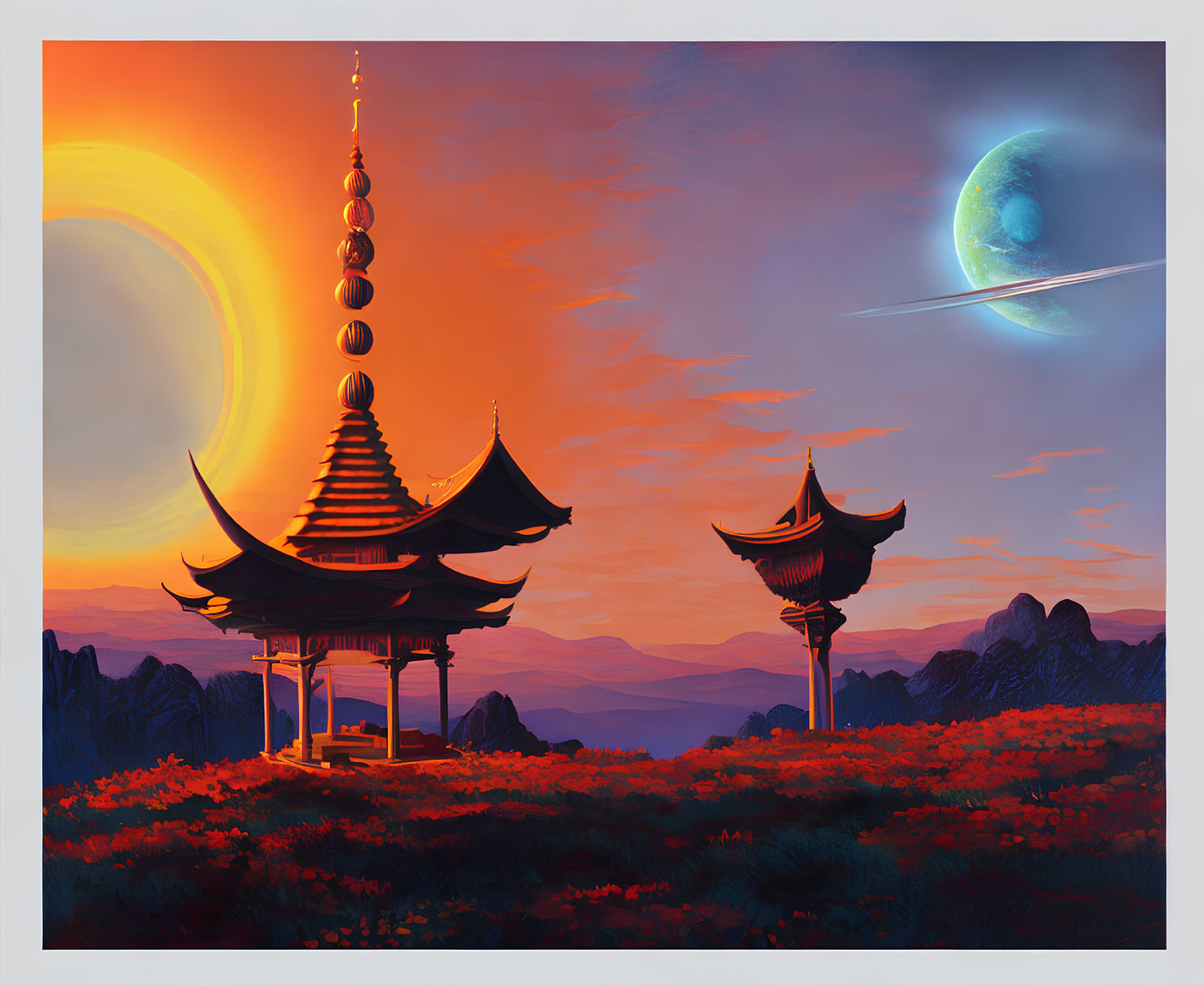 Artwork of Asian pagodas, flowers, sun, planet, and comet in vibrant sky