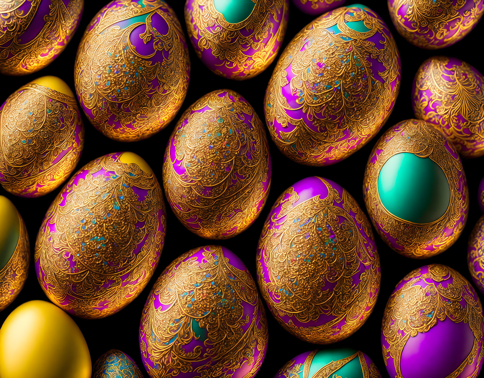 Ornate Golden Easter Eggs with Purple and Turquoise Shades