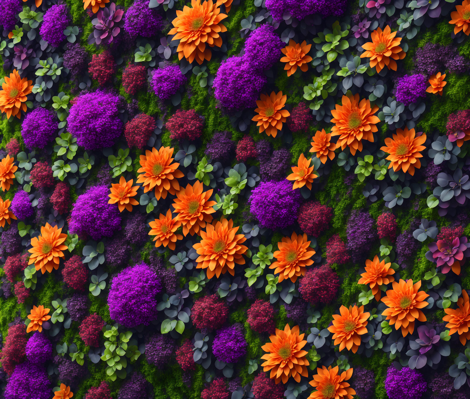 Vibrant Purple and Orange Flowers in Lush Vertical Garden