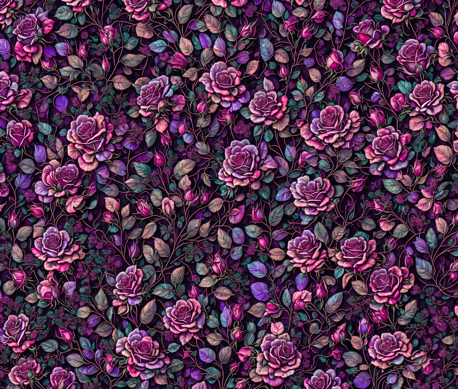 Stylized purple and pink roses with dark foliage in dense floral tapestry