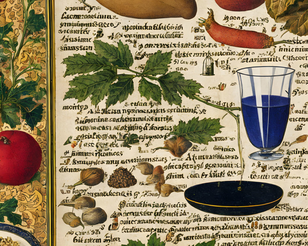 Vintage Illustration Page with Fruits, Glass, and Nuts in Ornate Borders