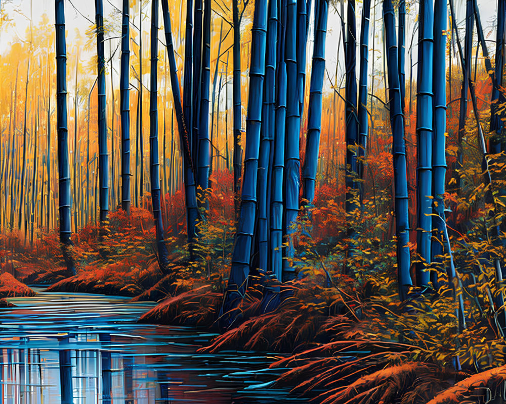 Digital Art: Vibrant Bamboo Forest with Blue Trunks and Autumnal Orange Foliage