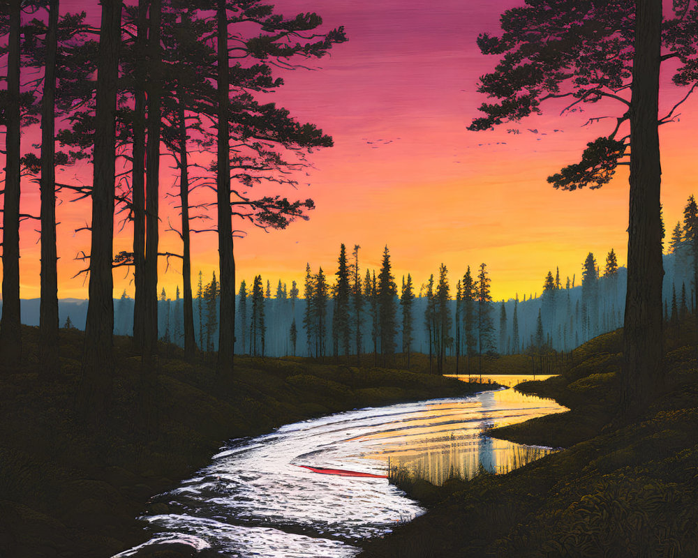 Colorful sunset painting over forest with river and pine trees