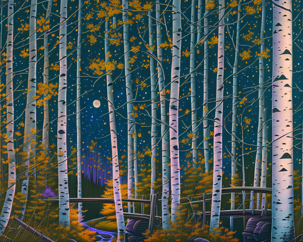 Stylized birch forest at night with full moon, golden leaves, stream, and wooden bridge