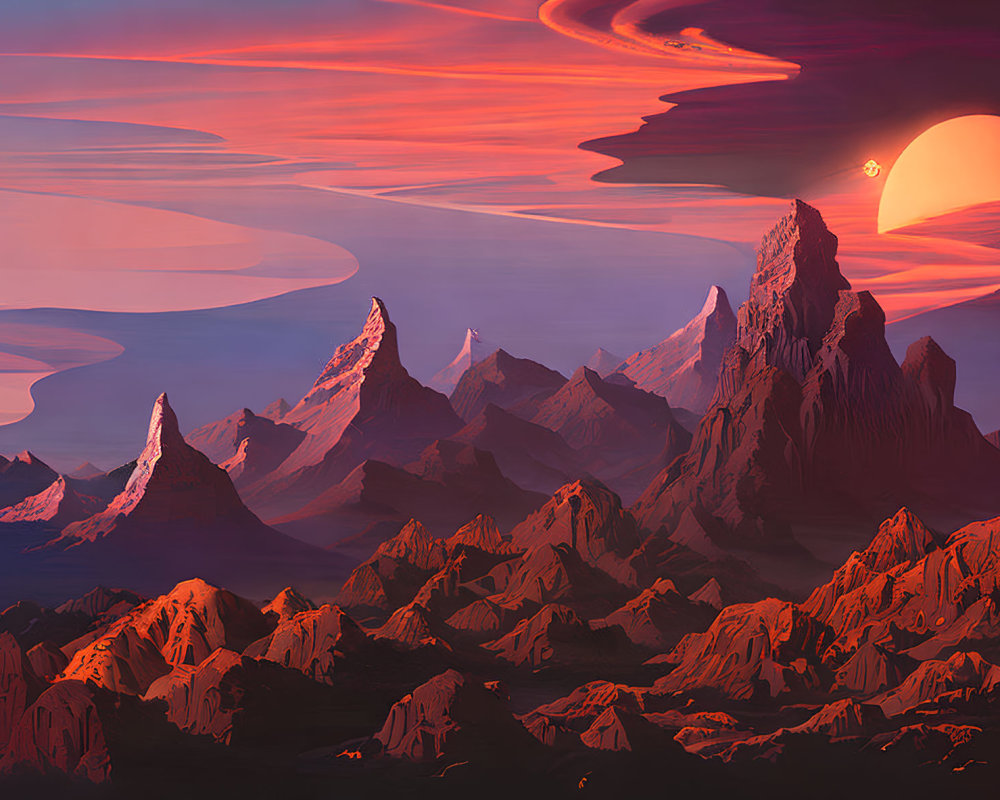 Alien landscape with towering mountains and red sky