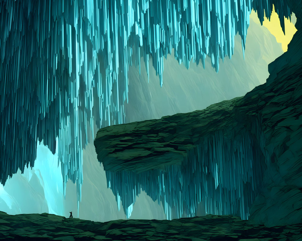 Expansive cave with towering stalactites and small human figure.