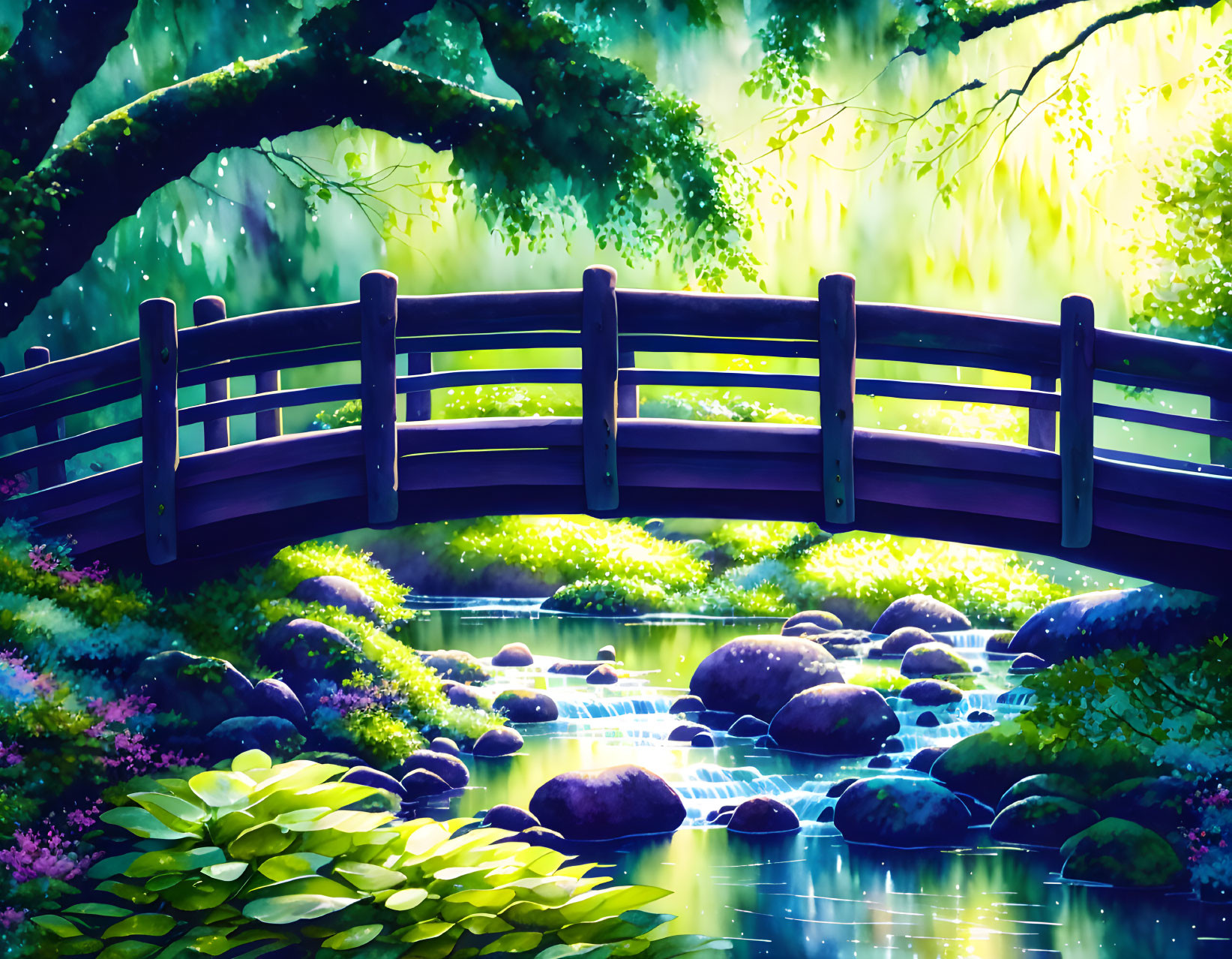 Tranquil garden scene with wooden bridge, stream, lush greenery