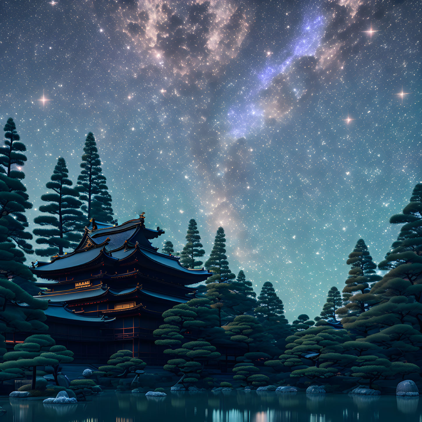 Traditional Japanese pagoda in serene night setting with pine trees and Milky Way.