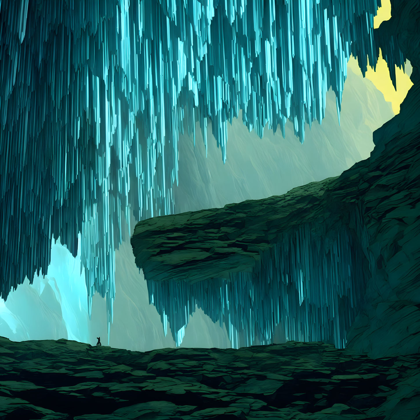 Expansive cave with towering stalactites and small human figure.