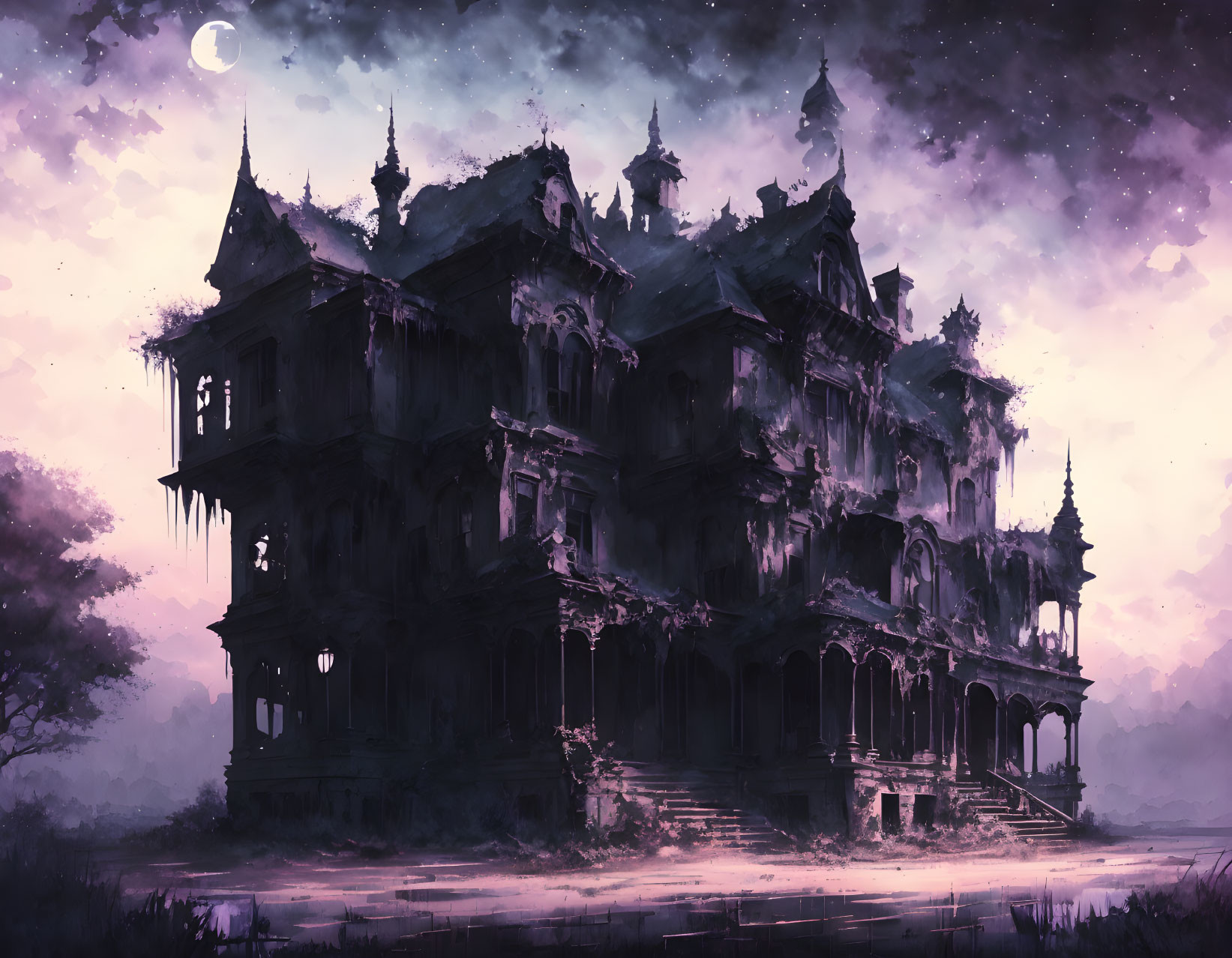 Dilapidated Victorian mansion under crescent moon in misty purple atmosphere