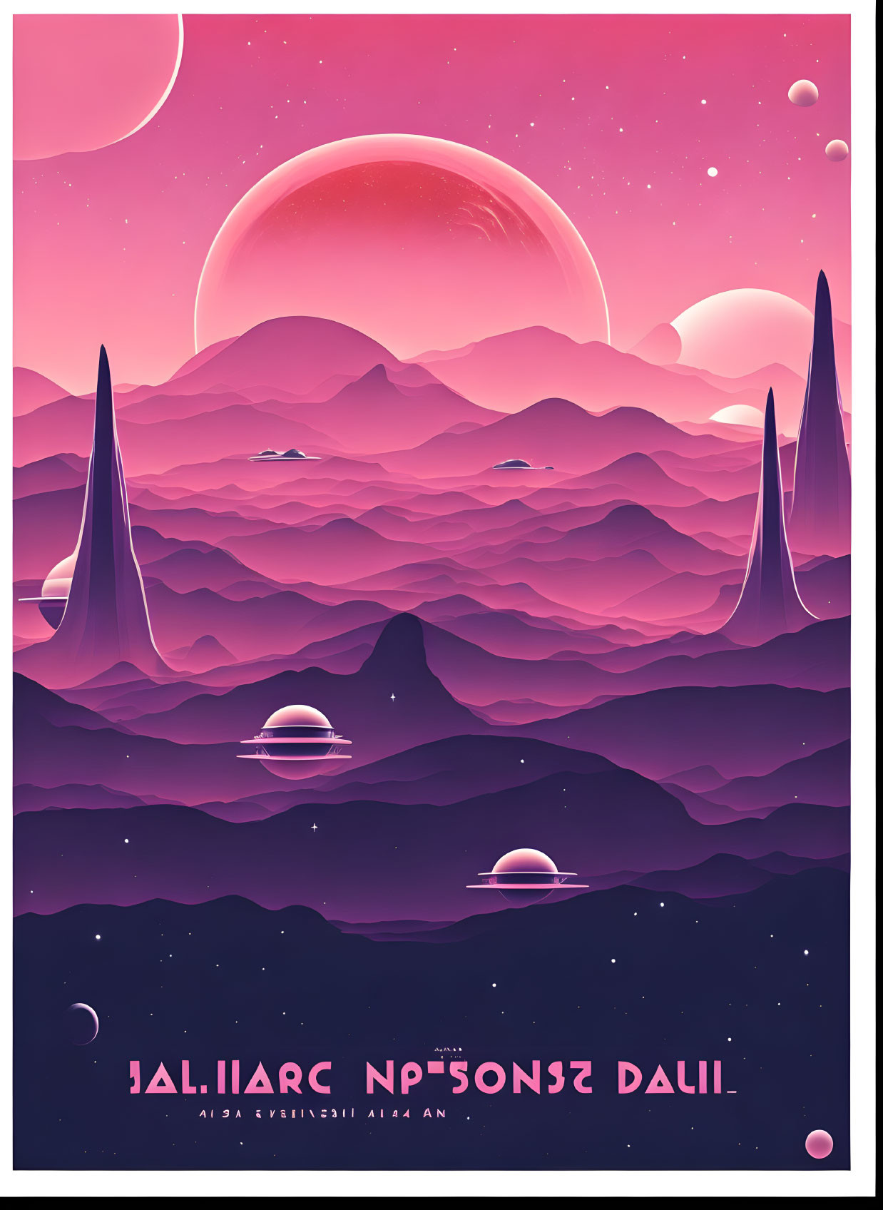 Retro-futuristic space poster with pink and purple hues showcasing towering spires, mountains, sa