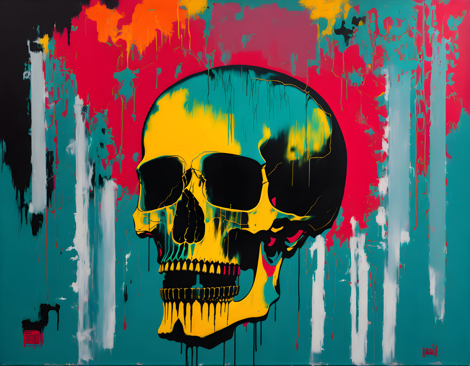 Colorful modern artwork: Golden skull on vibrant background.