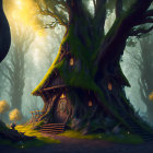 Illustration: Cozy treehouse in enchanted forest with sunbeams.