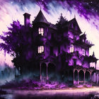 Dilapidated Victorian mansion under crescent moon in misty purple atmosphere