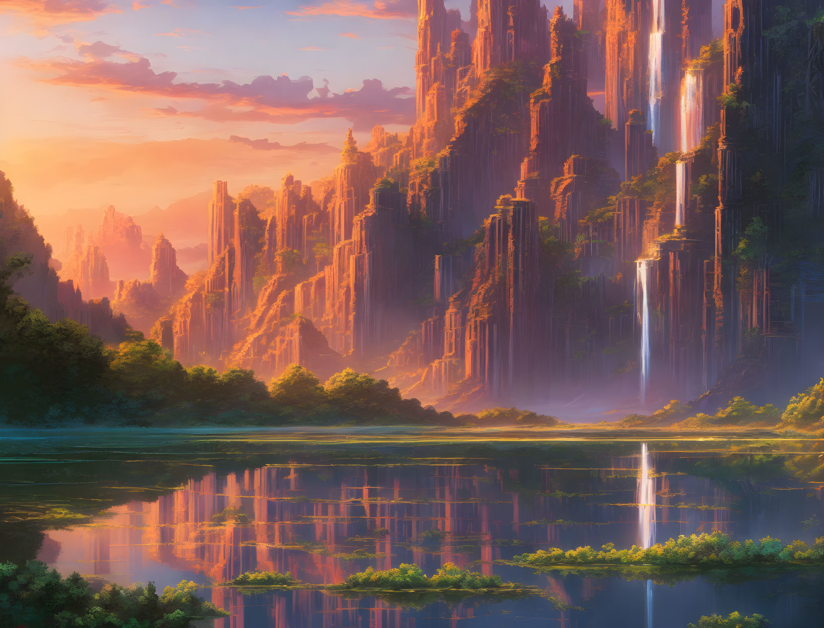 Tranquil fantasy landscape with towering waterfalls and serene river at sunrise or sunset