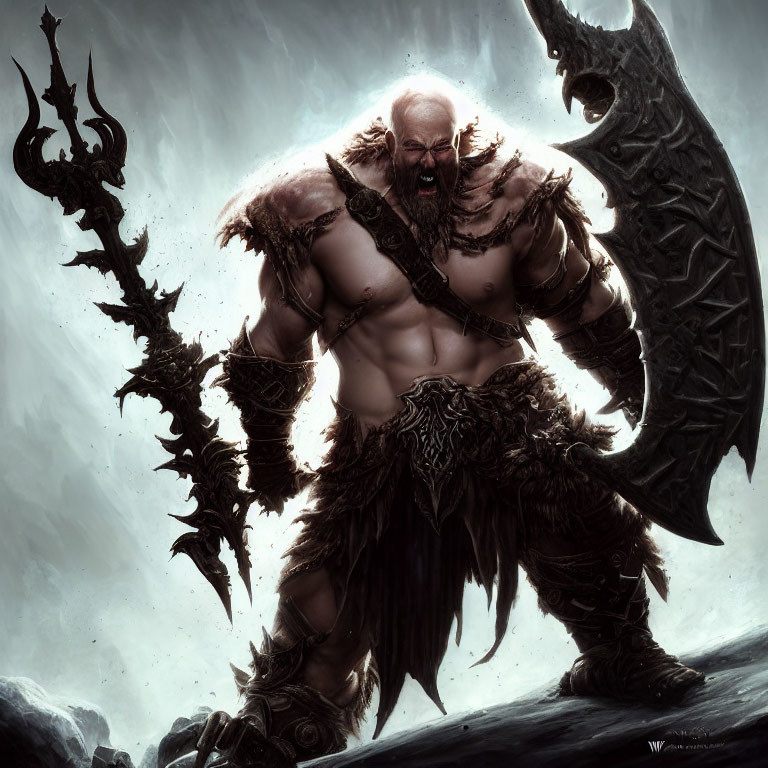 Muscular fantasy warrior with double-bladed axe in dark misty setting