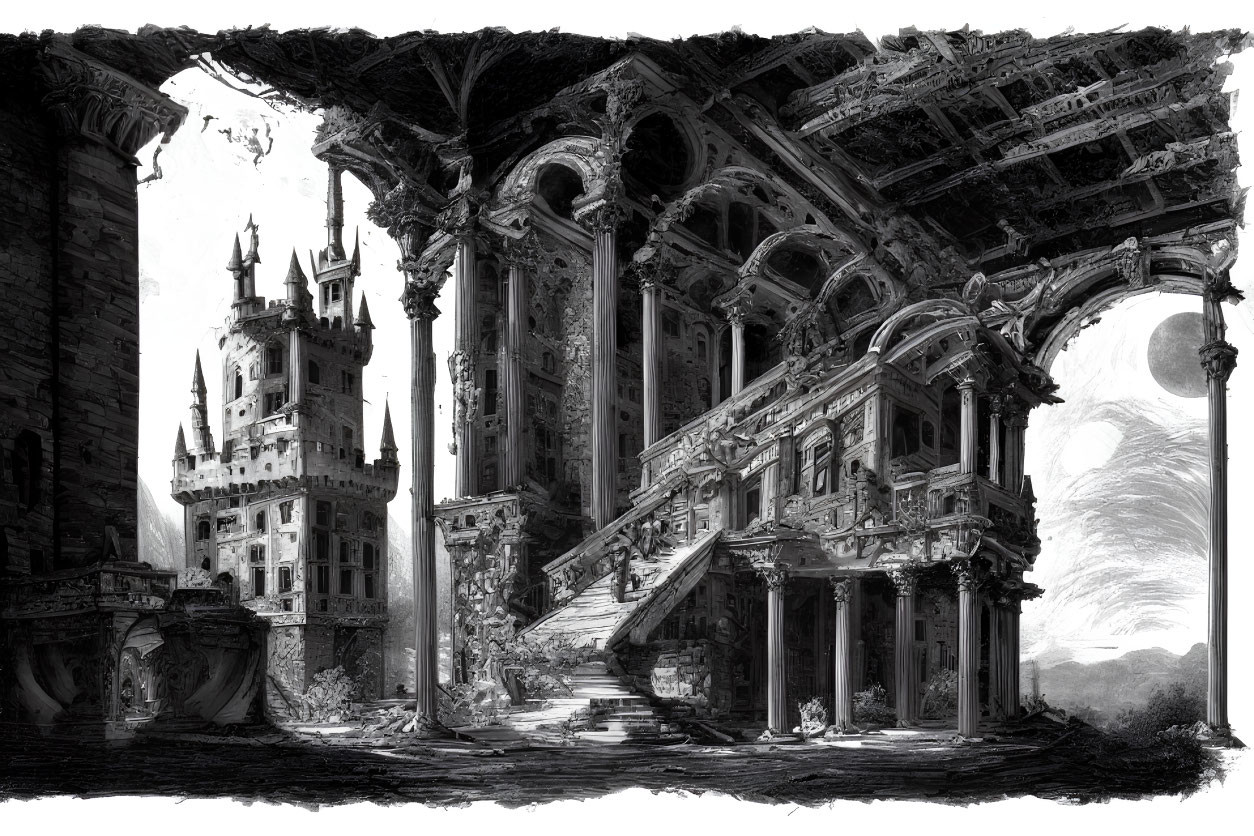 Monochrome Gothic-style interior with towering columns, arches, and staircases in ruins