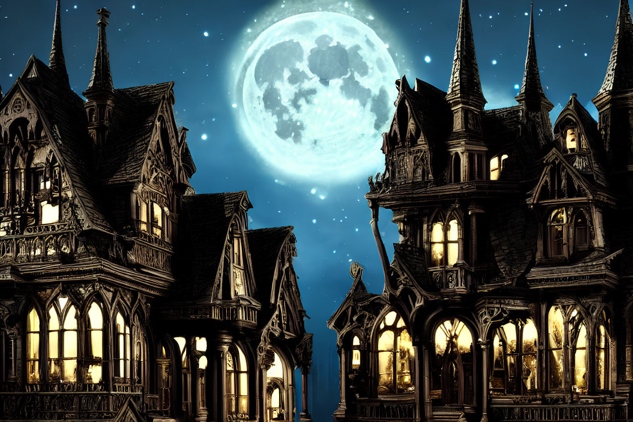 Victorian Gothic-style houses under full moon in starry night sky