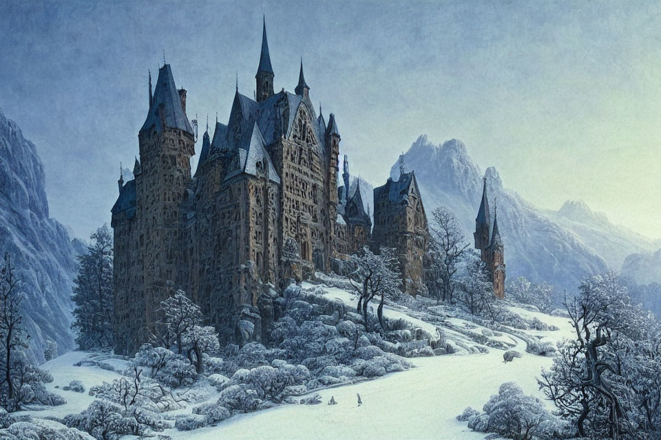 Snowy mountains castle scene with lone figure in winter landscape