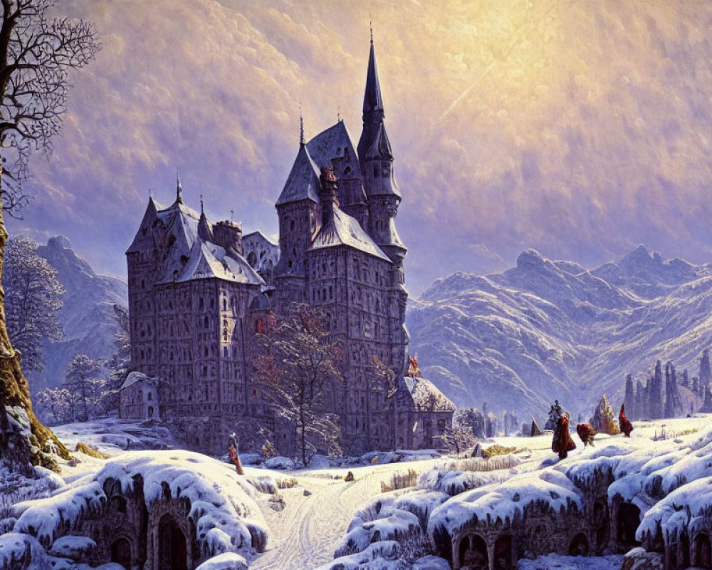 Winter castle scene with snow-capped mountains and pastel sky.