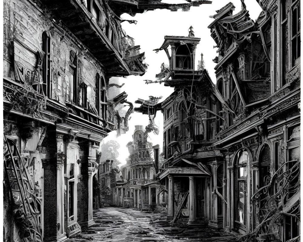 Monochrome illustration of a derelict alley with decaying buildings.