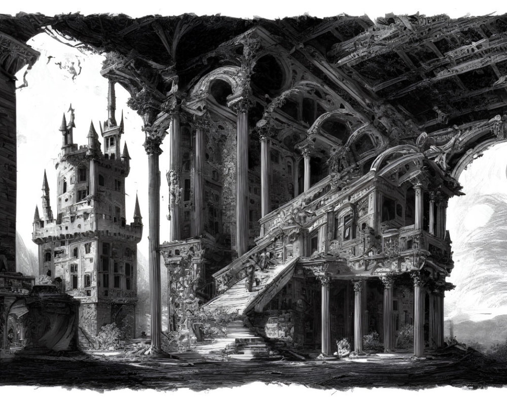 Monochrome Gothic-style interior with towering columns, arches, and staircases in ruins