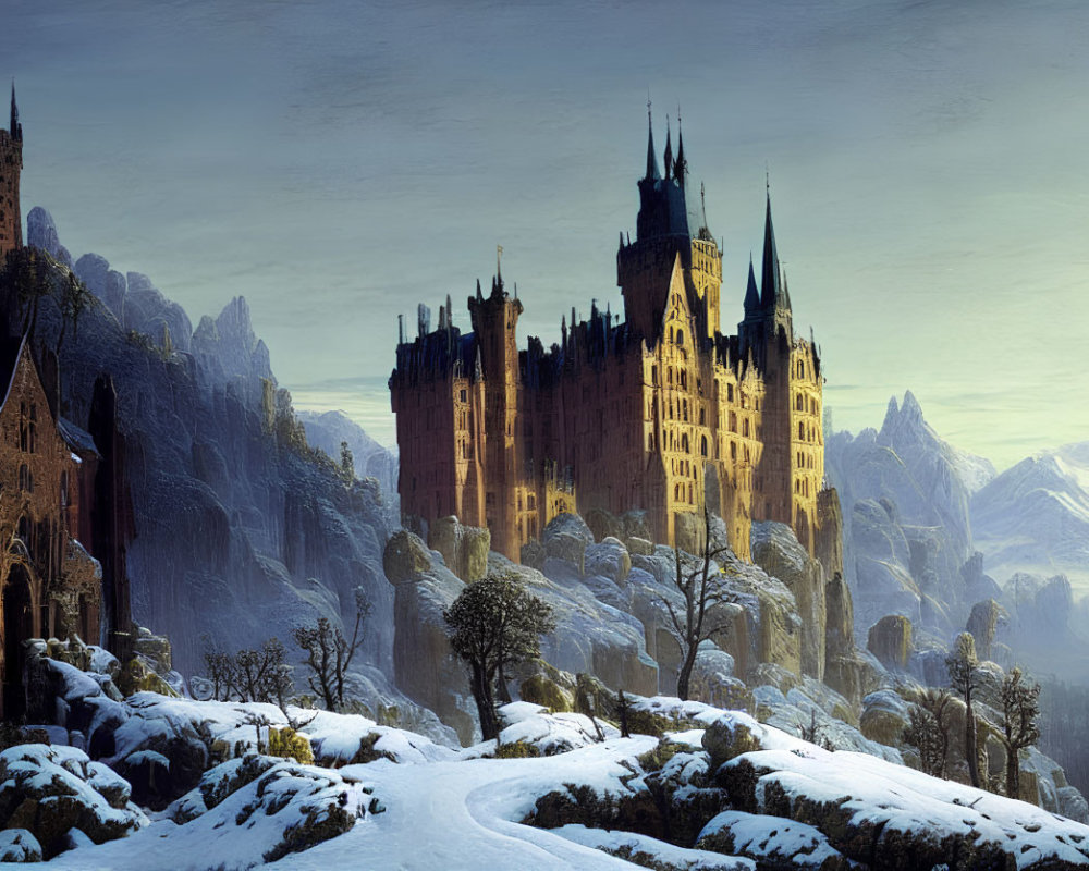 Snow-covered mountains and medieval castles under dusky blue sky