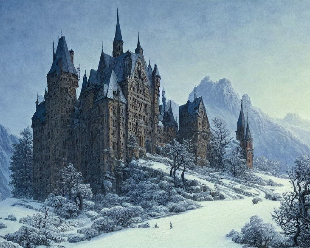 Snowy mountains castle scene with lone figure in winter landscape