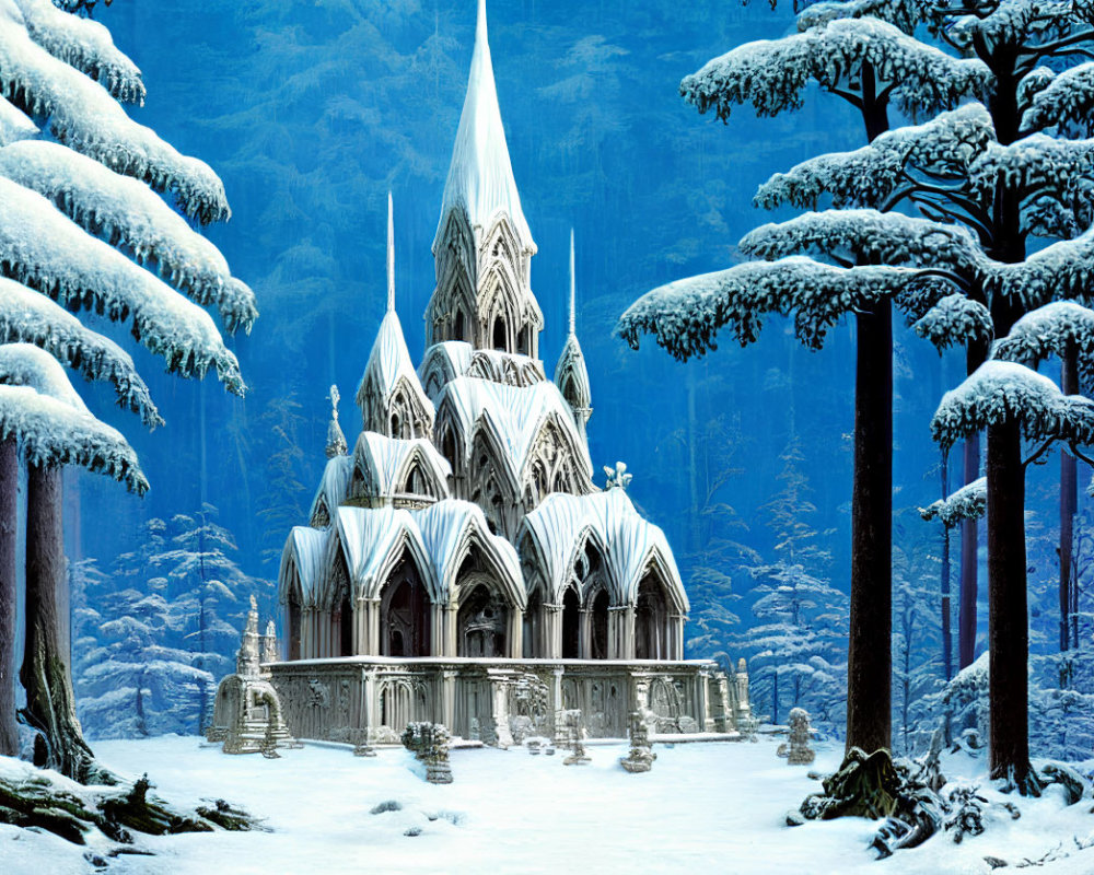 Snowy forest with ice castle under twilight sky
