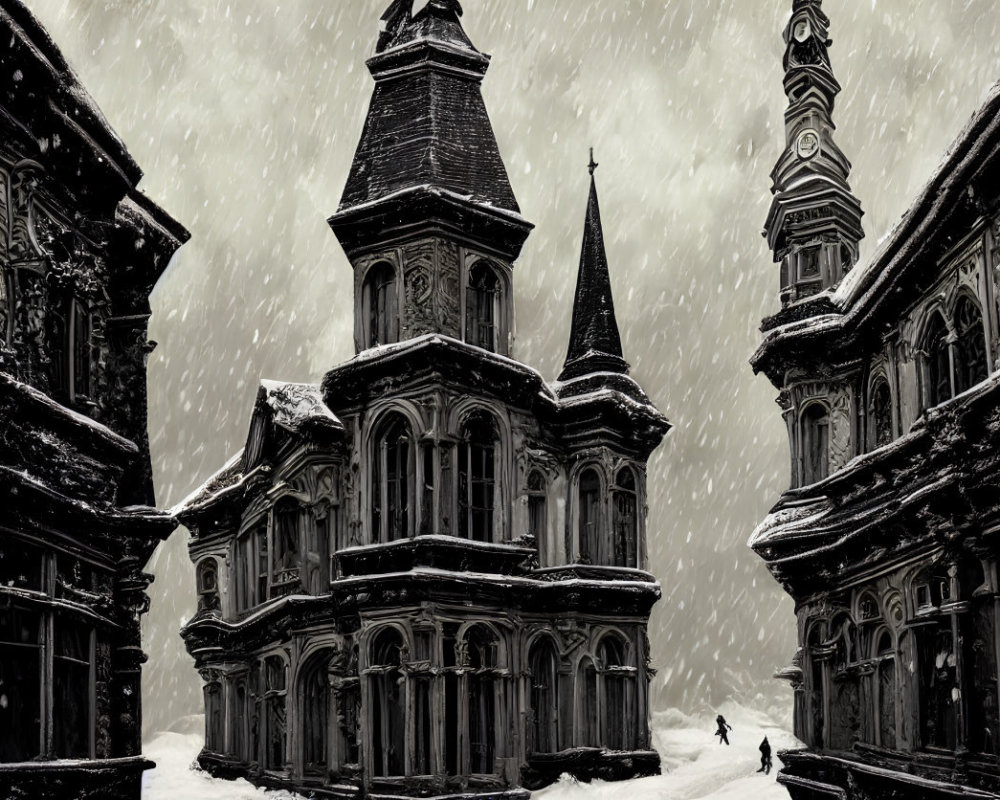 Gothic-style buildings in heavy snowfall convey mystery and isolation.
