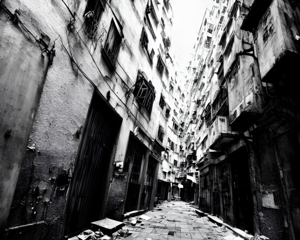 Monochrome photo: Narrow alley, tall buildings, fire escapes