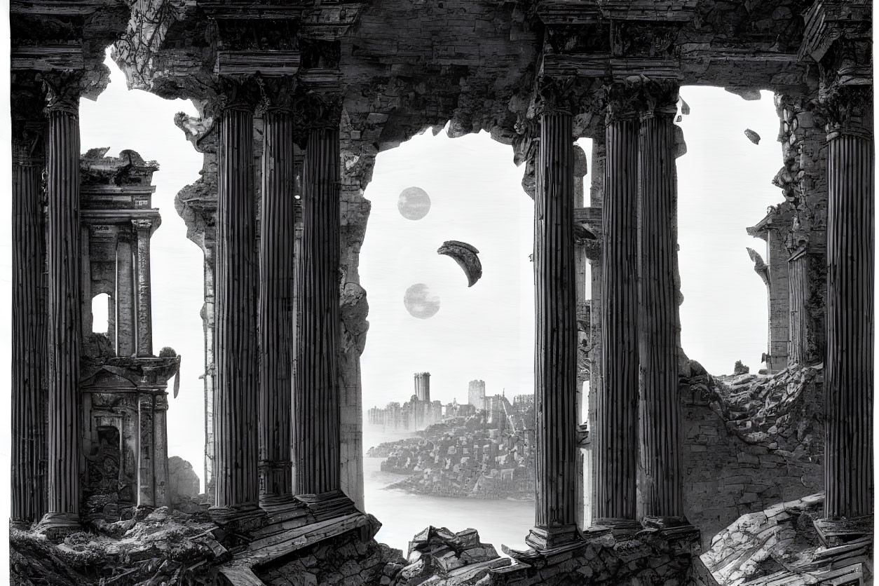 Classical columns and arches against futuristic cityscape with multiple moons or planets.